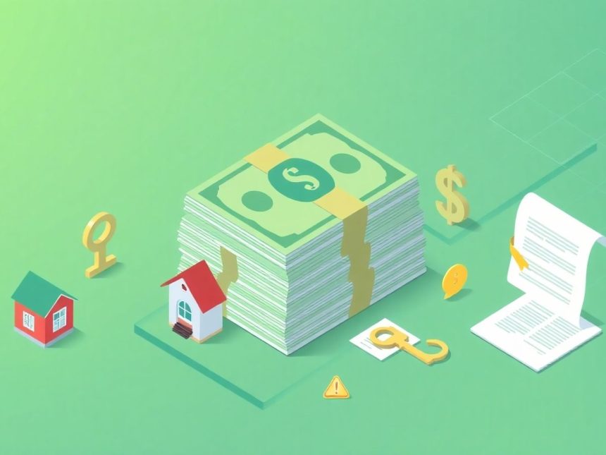 Isometric cash stack with houses and keys in a blog header.