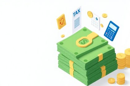 Isometric cash stack with tax-related floating elements.