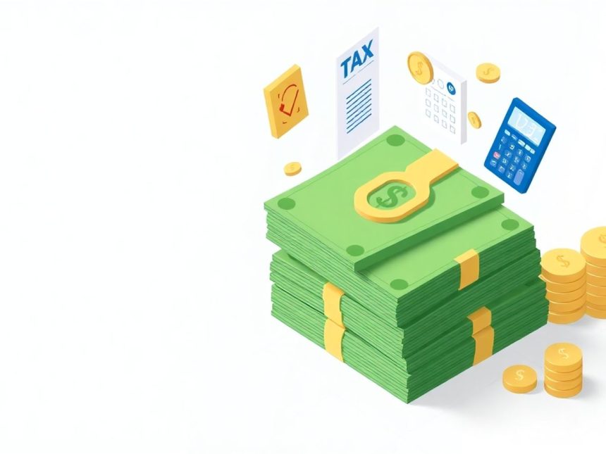 Isometric cash stack with tax-related floating elements.