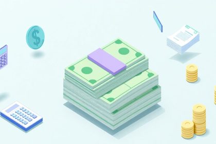 Isometric image of cash with floating financial elements.