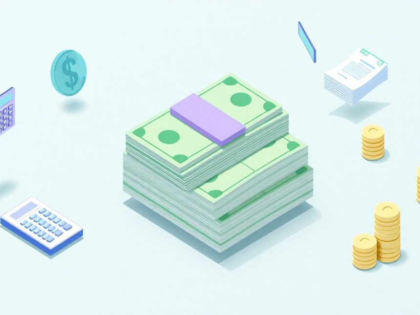 Isometric image of cash with floating financial elements.