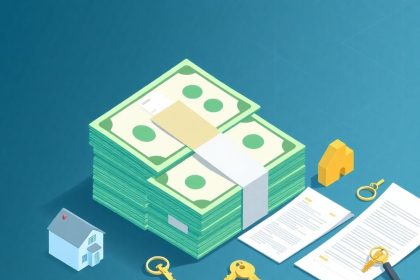 Isometric cash stack with house and key elements.