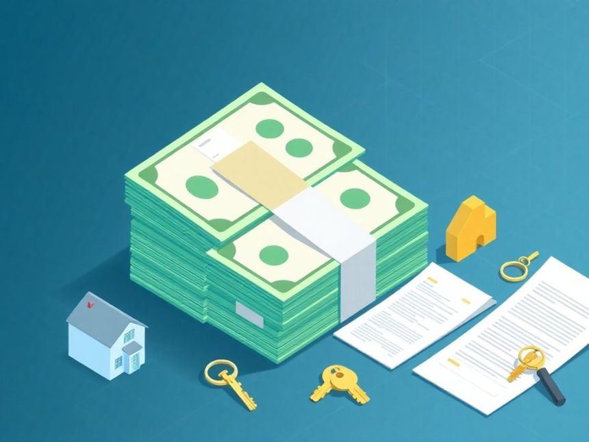 Isometric cash stack with house and key elements.