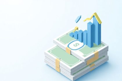 Isometric cash stack with floating tax-related elements.