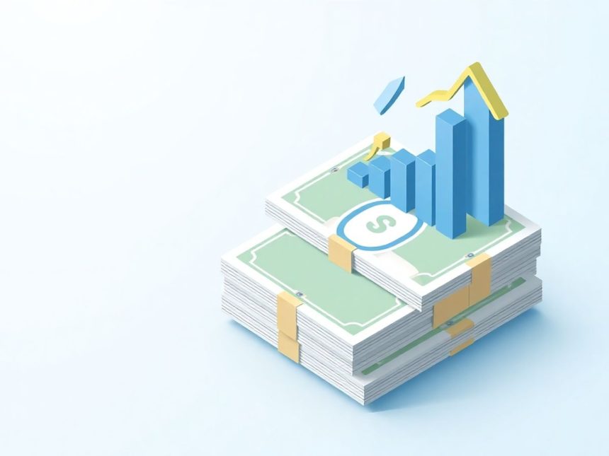 Isometric cash stack with floating tax-related elements.