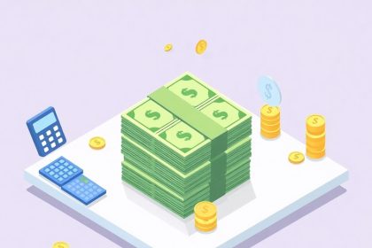 Isometric blog header with cash, calculators, and coins.