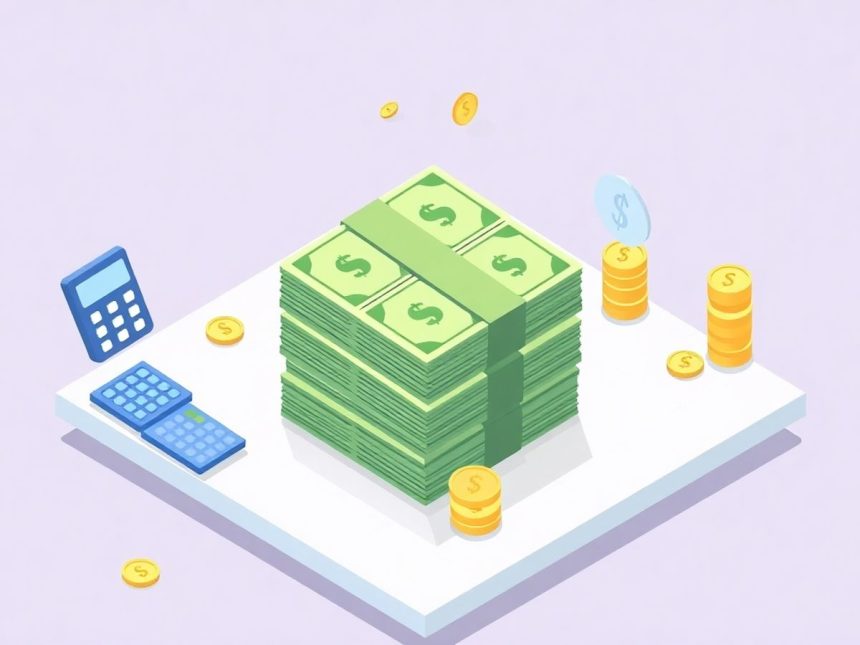 Isometric blog header with cash, calculators, and coins.