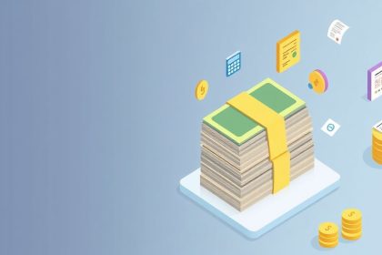 Isometric cash stack with floating tax-related elements.