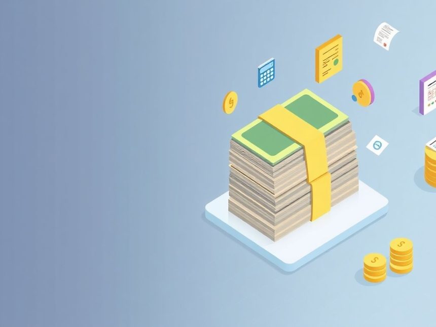 Isometric cash stack with floating tax-related elements.