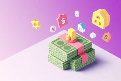 Isometric blog header with cash stack and floating elements.