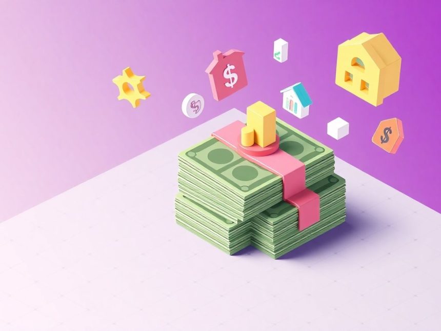 Isometric blog header with cash stack and floating elements.