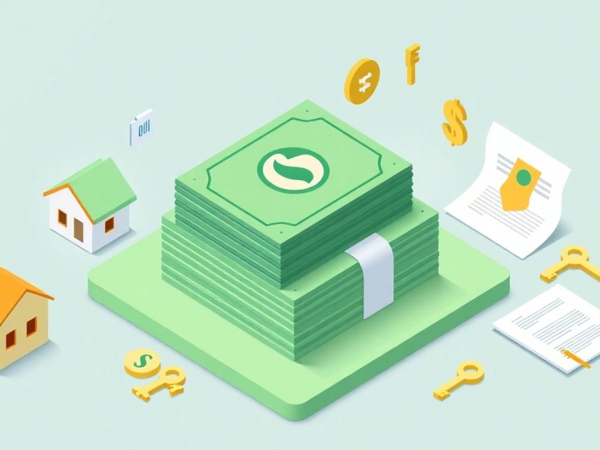 Isometric cash stack with house and key symbols.