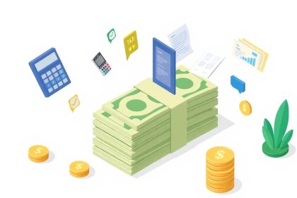 Isometric cash stack with floating tax-related elements.