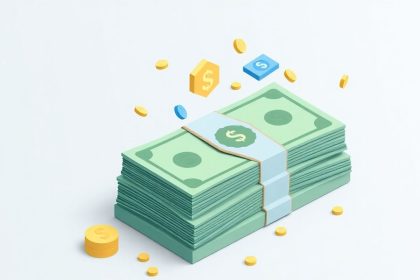 Isometric cash stack with dynamic floating financial elements.