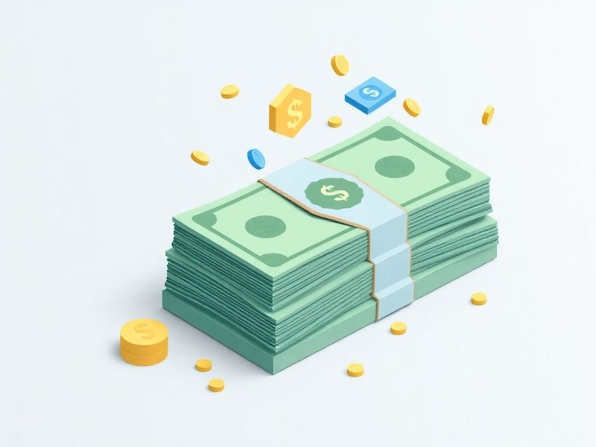 Isometric cash stack with dynamic floating financial elements.