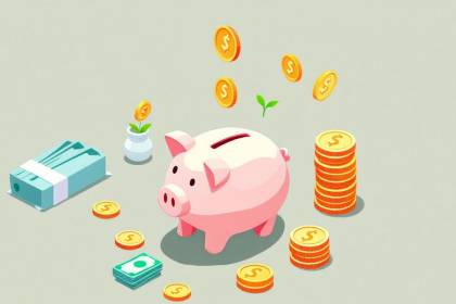 Isometric image of piggy bank and coins on solid background.