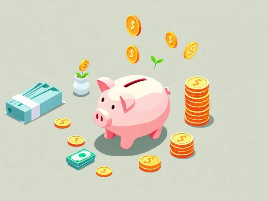 Isometric image of piggy bank and coins on solid background.