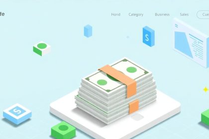 Isometric cash stack with floating finance-related elements.