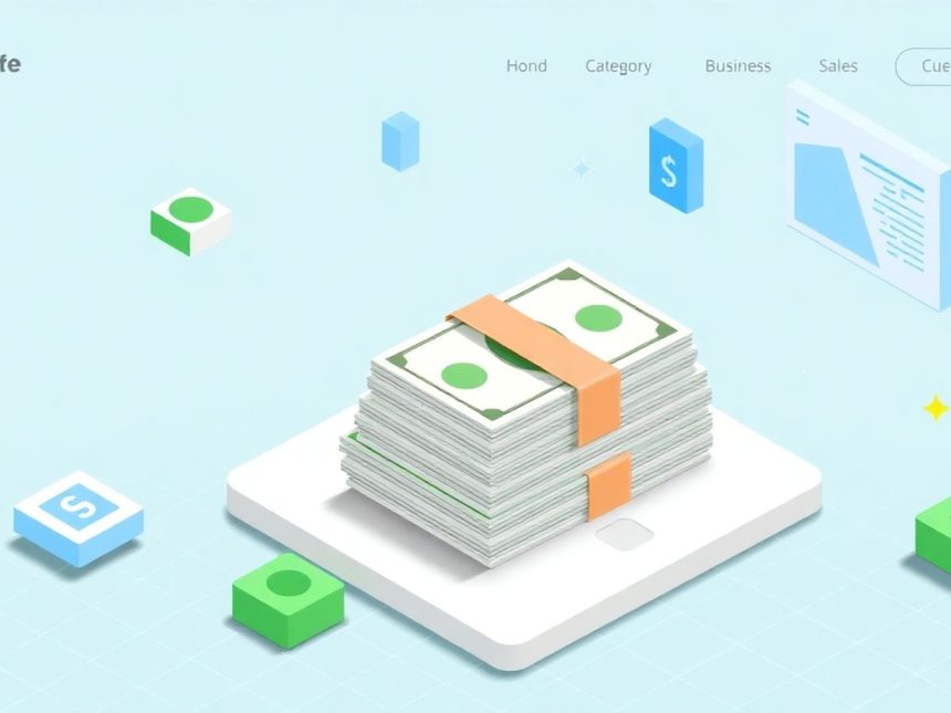 Isometric cash stack with floating finance-related elements.