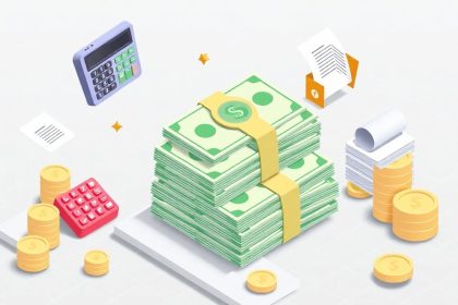 Isometric cash stack with floating tax-related elements.