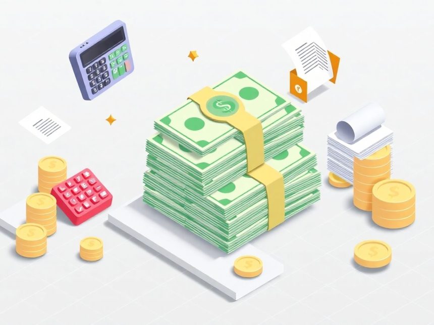 Isometric cash stack with floating tax-related elements.