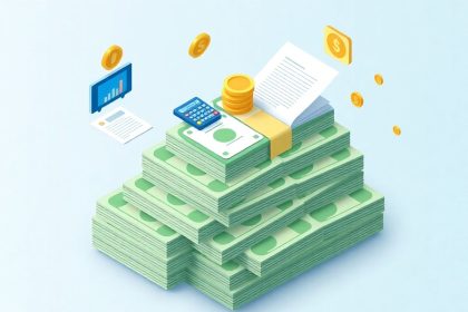 Isometric cash stack with floating tax-related elements.