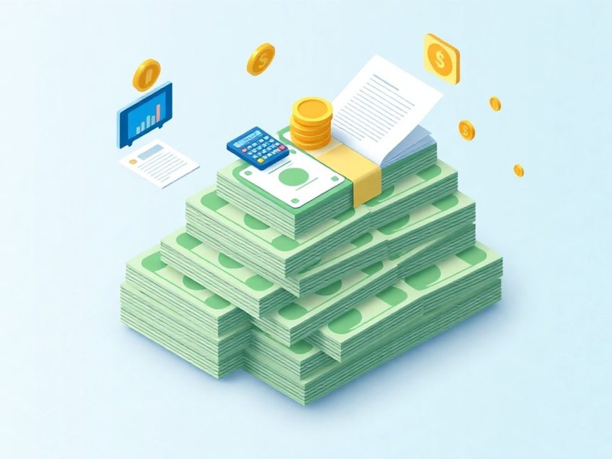 Isometric cash stack with floating tax-related elements.