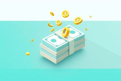 Isometric cash stack with floating financial elements.