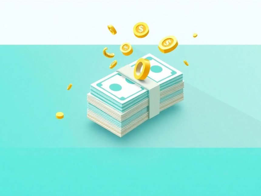 Isometric cash stack with floating financial elements.