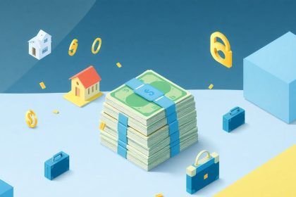 Isometric cash stack with floating business elements.