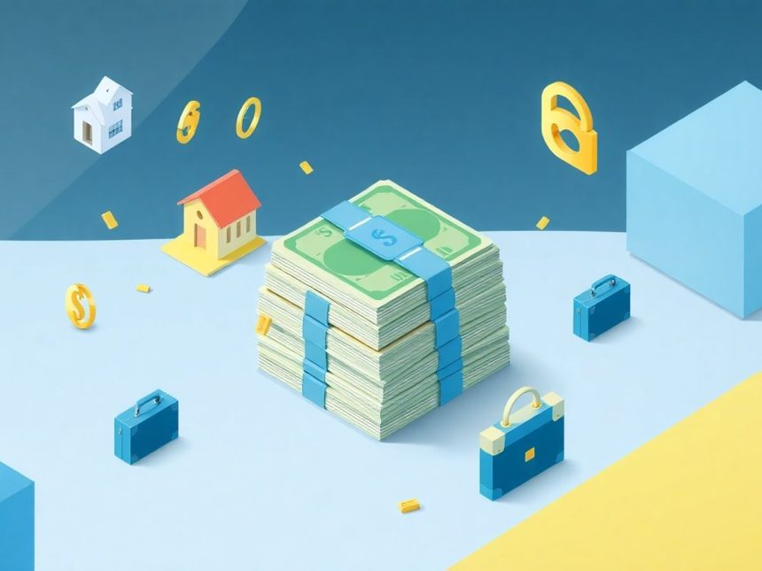 Isometric cash stack with floating business elements.