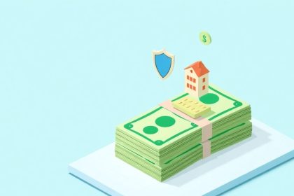 Isometric cash stack with floating business-related elements.