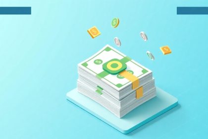 Isometric cash stack with floating financial elements.