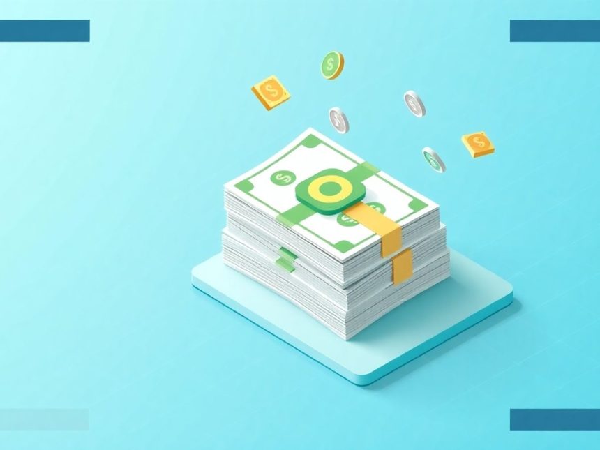 Isometric cash stack with floating financial elements.