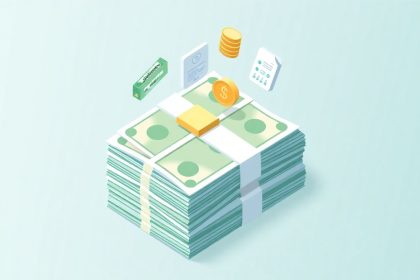 Isometric cash stack with tax-related floating elements.