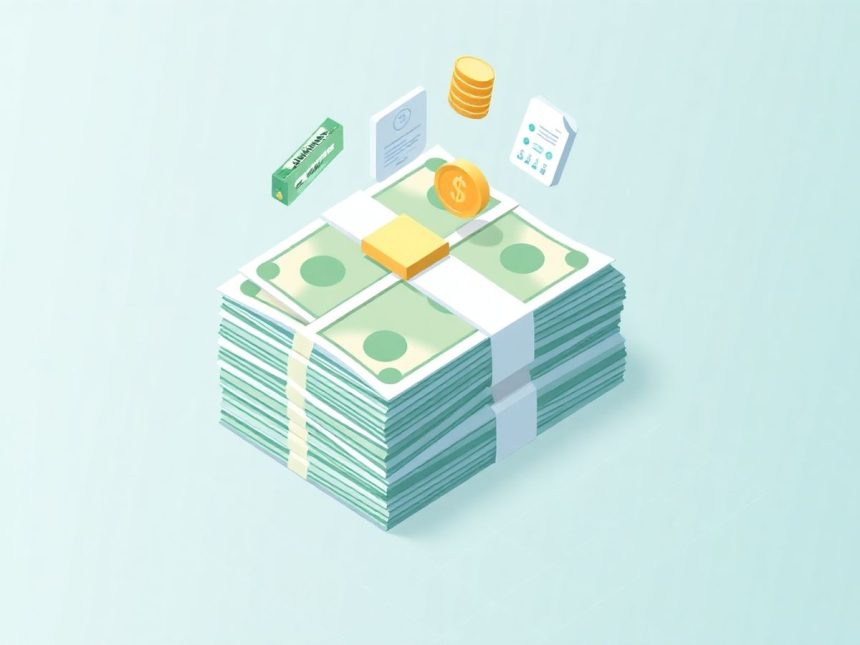 Isometric cash stack with tax-related floating elements.