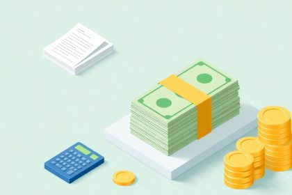 Isometric cash stack with floating financial elements.