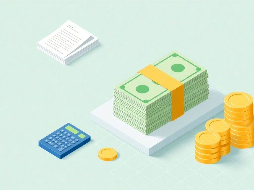 Isometric cash stack with floating financial elements.