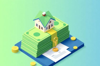 Isometric cash stack with house and keys for mortgage.