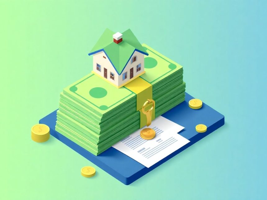 Isometric cash stack with house and keys for mortgage.