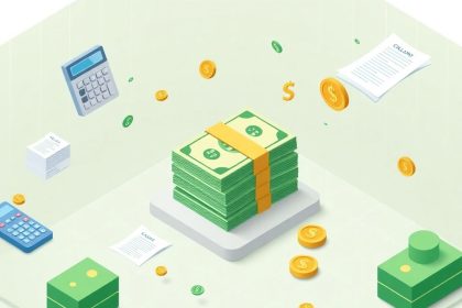 Isometric cash stack with floating accounting elements surrounding it.