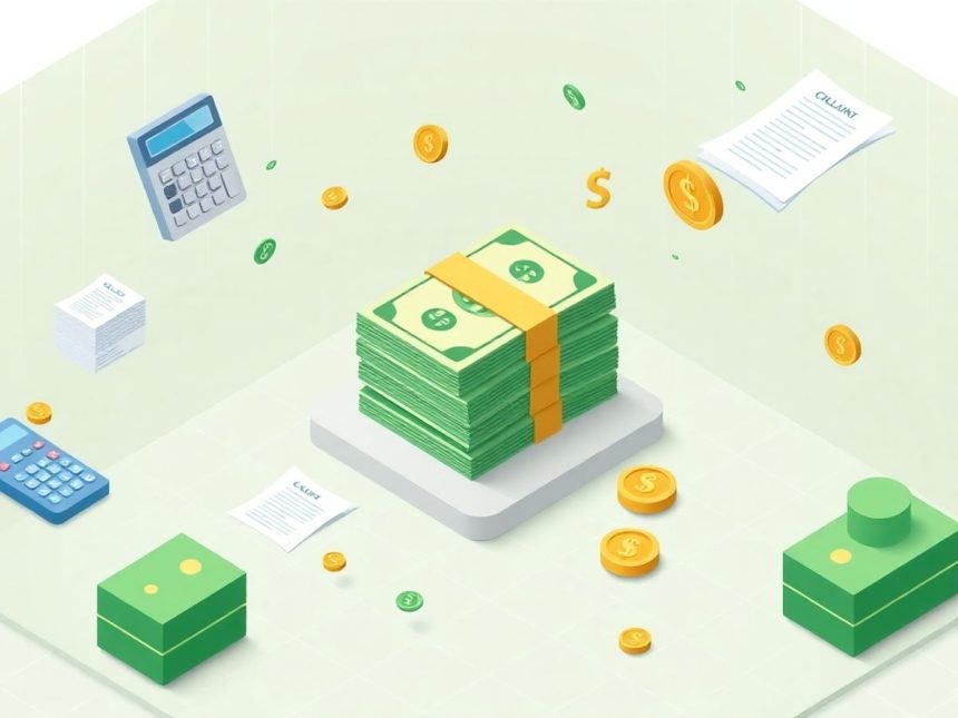 Isometric cash stack with floating accounting elements surrounding it.