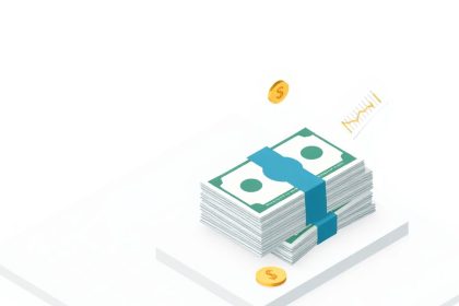 Isometric cash stack with floating elements for tax guide.