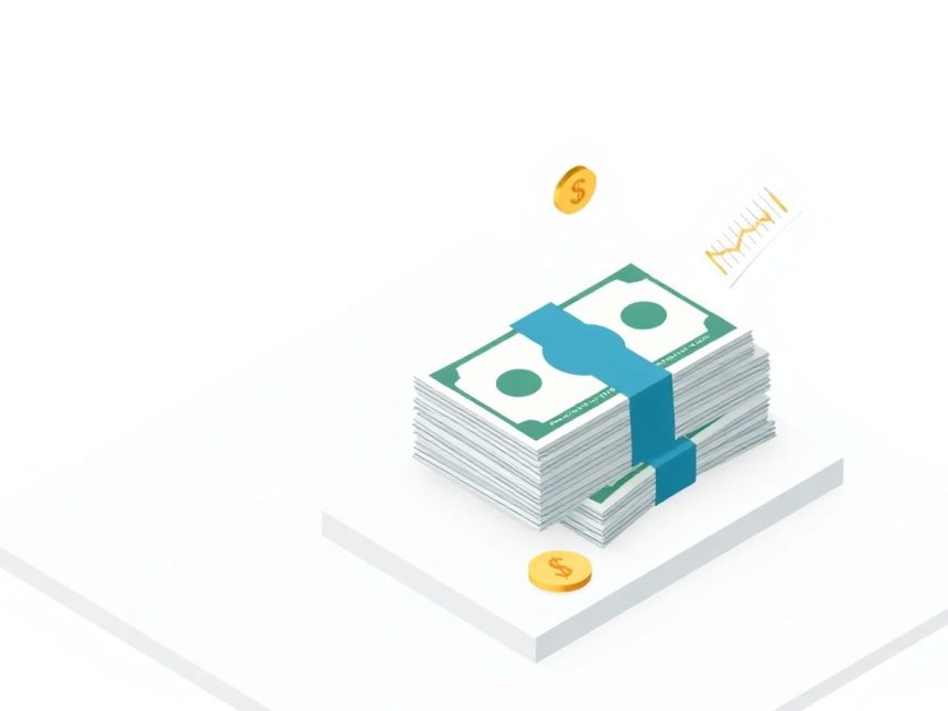 Isometric cash stack with floating elements for tax guide.