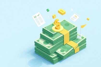 Isometric cash stack with tax-related floating elements.