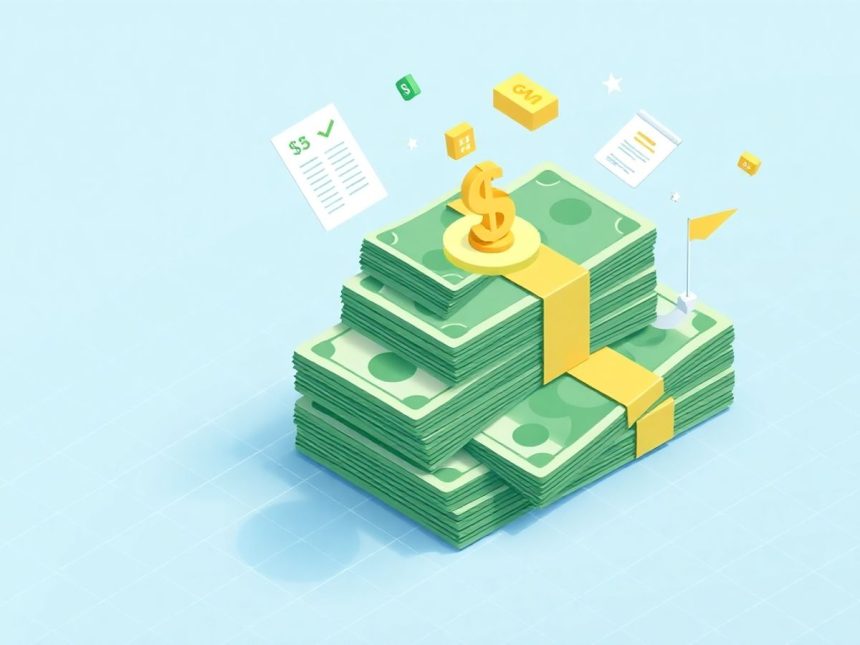 Isometric cash stack with tax-related floating elements.