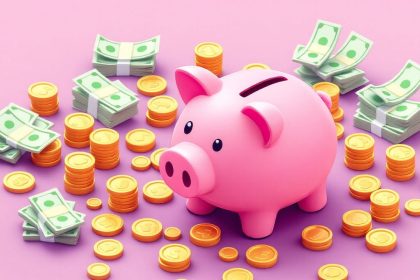 Isometric piggy bank with coins and cash.