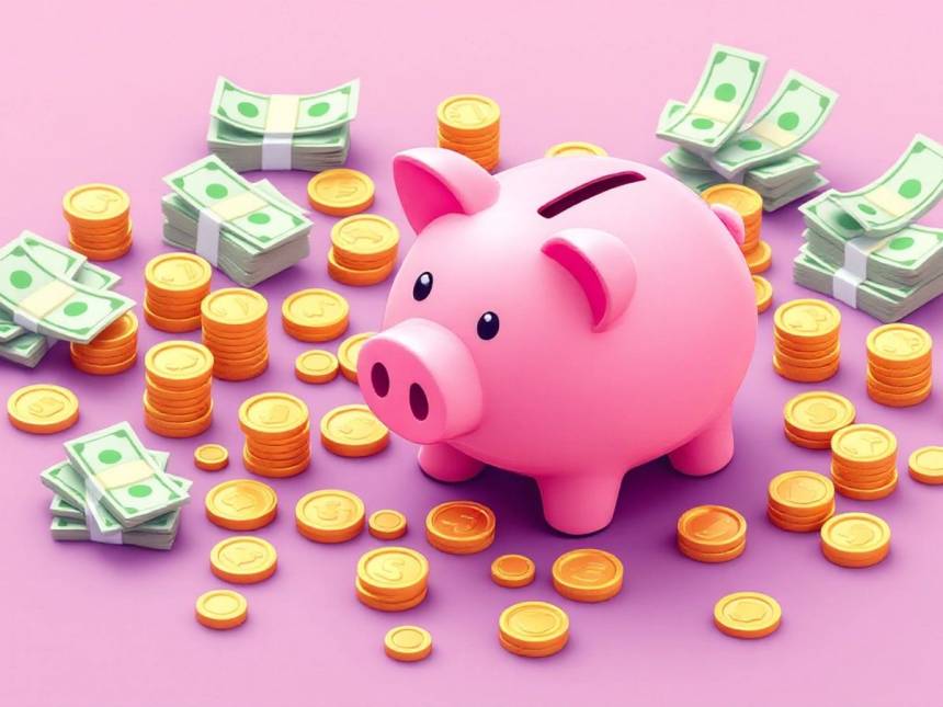 Isometric piggy bank with coins and cash.