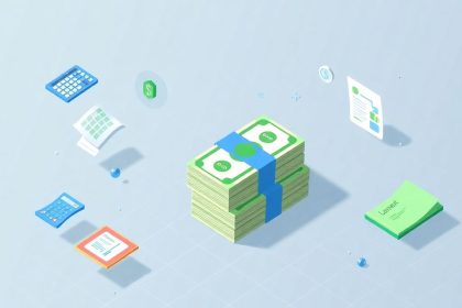 Isometric blog header with cash stack and floating elements.