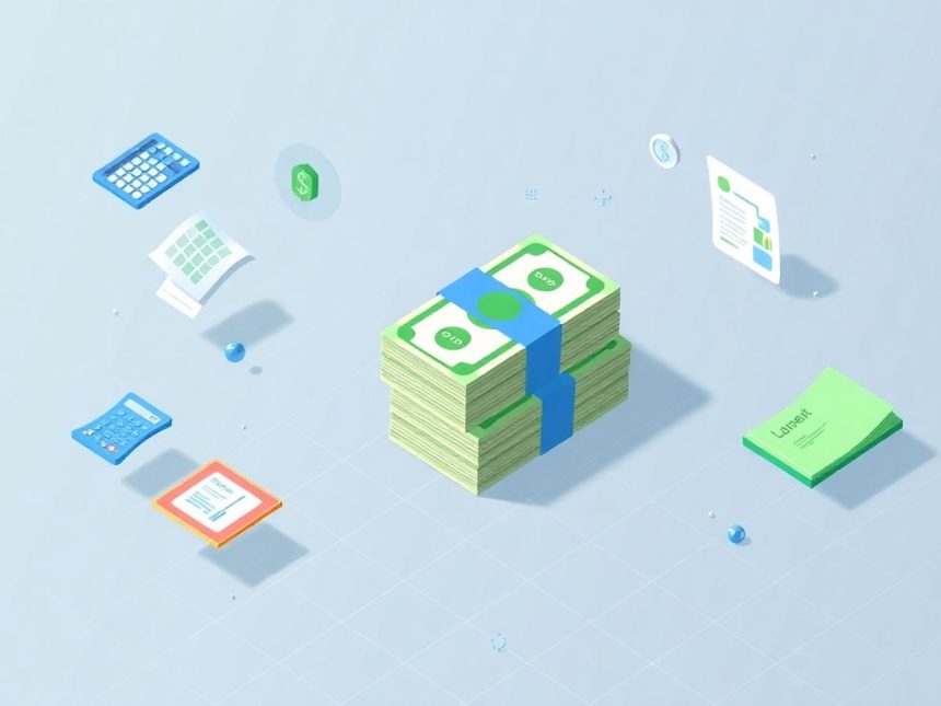 Isometric blog header with cash stack and floating elements.